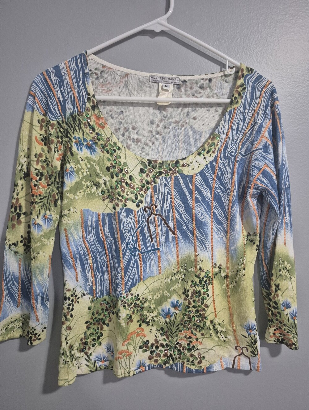 Alberto makali y2k beaded 2000s Neck Print 3/4 Sleeve Top in Green & Blue medium
